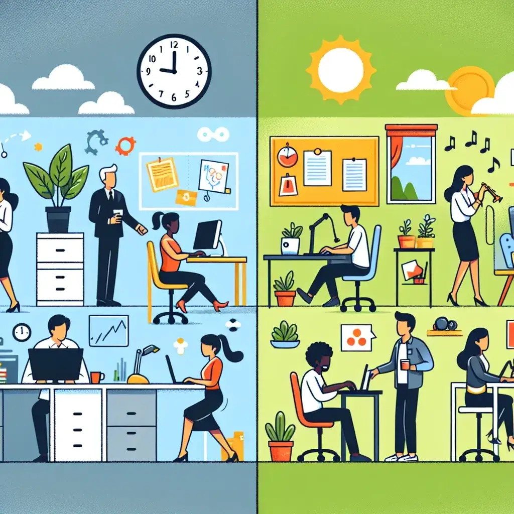 "Perbandingan visual antara budaya kerja 9-to-5 dan budaya fleksibel, menampilkan grafik yang menunjukkan manfaat dan dampak dari masing-masing model kerja dalam lingkungan profesional."