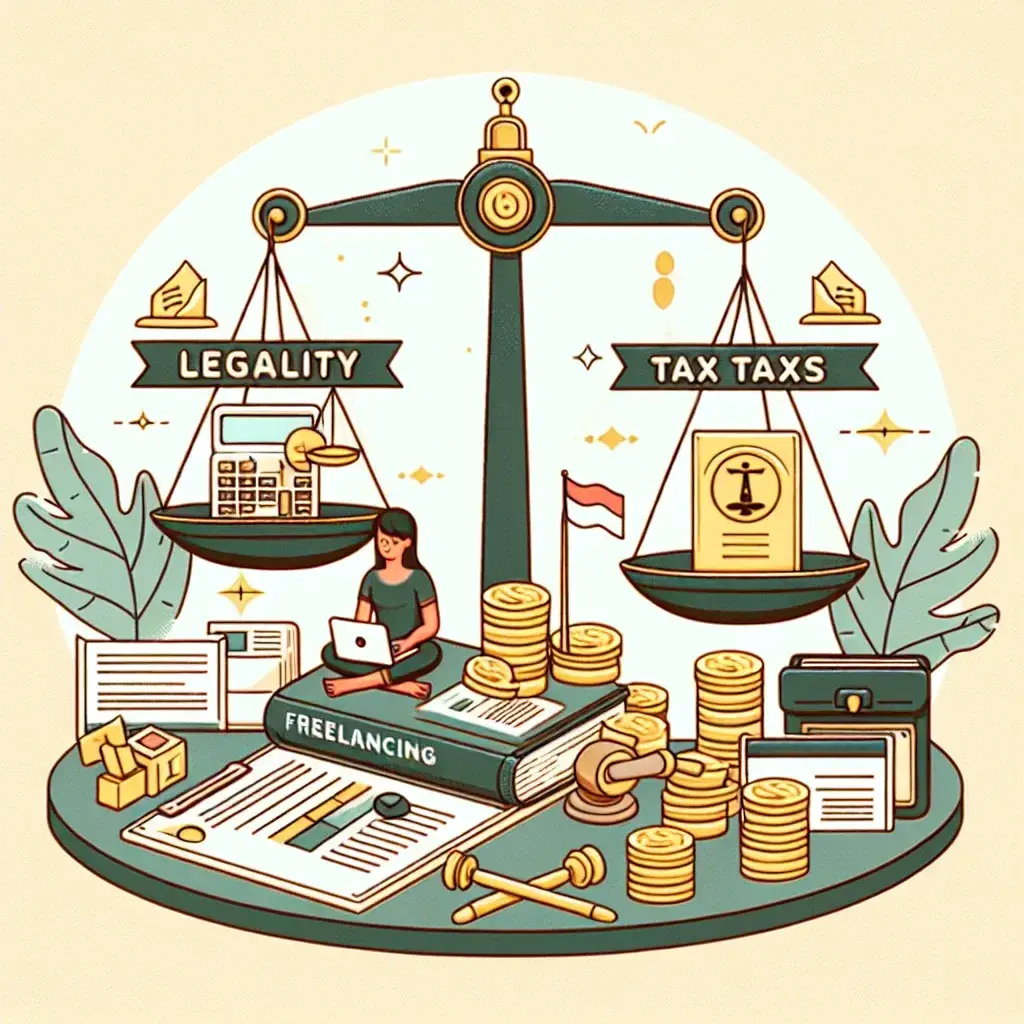 "Freelancer working on a laptop at home, exploring legal and tax regulations in Indonesia, emphasizing the importance of understanding freelance legalities and taxation."